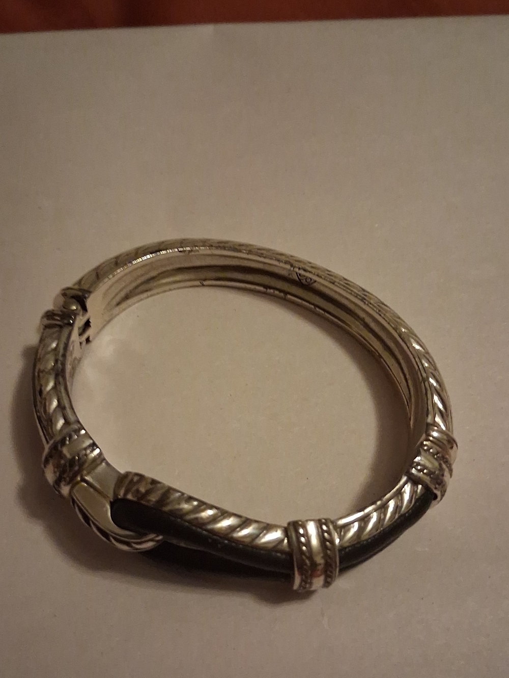 Brighton Silver-Tone Rope Accent Women's Bangle Bracelet with Black Cord
